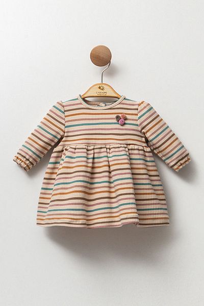 Cassiope Pompom Striped Crew Neck Long Sleeve Baby Girl Ribbed Dress