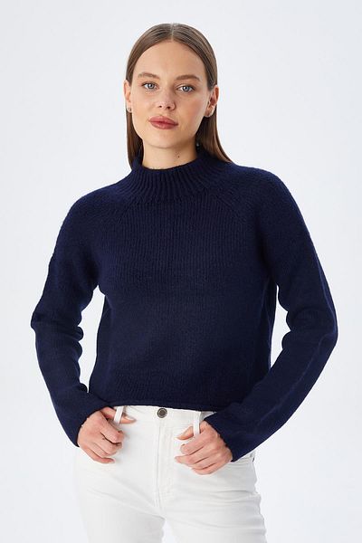 Mixray 6854 Women's Stand Collar Whole Crop Knitwear Sweater Navy Blue