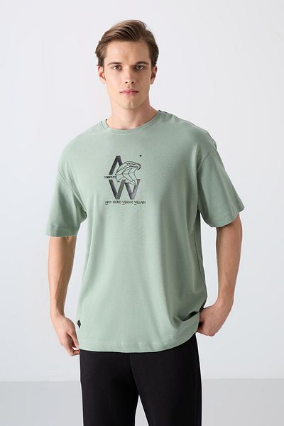 TOMMY LIFE Light Green Cotton Thick Soft Textured Oversize Fit Printed Men's T-Shirt - 88332