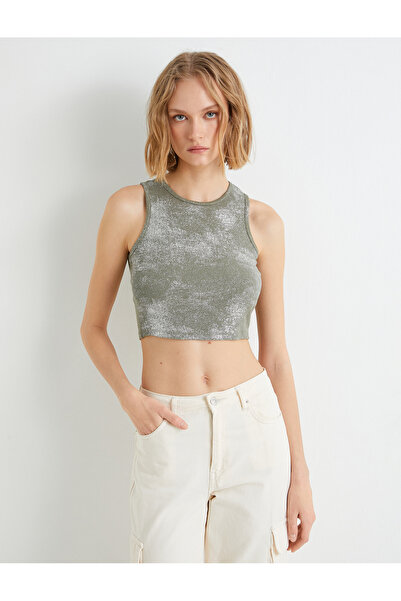 Koton Corded Crop Undershirt - Metallic Glitter Printed Halter Neck