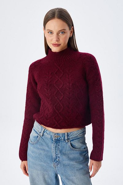 Mixray 6855 Pulover de damă cu guler înalt împletit cu păr burgundă