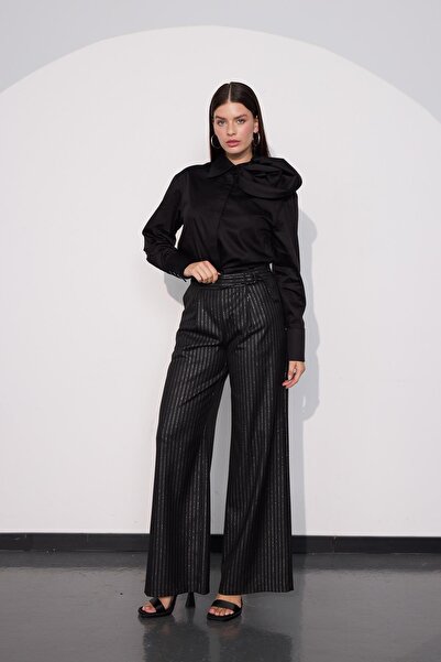 NOK İSTANBUL City Glam Bel Detaylı Sim Çizgili Kumaş Pantolon SİYAH-GÜMÜŞ