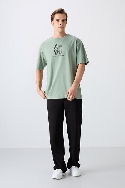 TOMMY LIFE Light Green Cotton Thick Soft Textured Oversize Fit Printed Men's T-Shirt - 88332