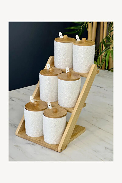 btm home 6 Lı Porselen Kaşıklı Baharat Takımı Bambu Standlı Set
