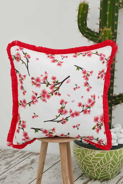 Aisha's Design Cherry Blossom Patterned Cushion Cover with Fringed Edges 45X45 Cm,K-407