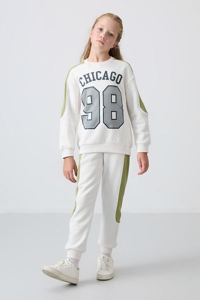 TOMMY LIFE Ecru Cotton Girl's Tracksuit Set - Soft Textured, Furry, Printed - 75170