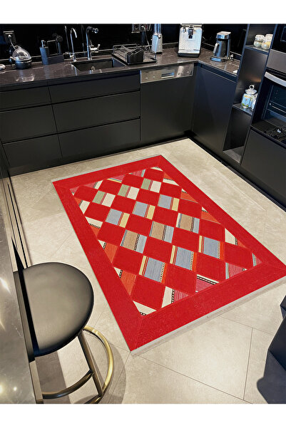 Rugs Modern Halı Güney Koleksiyonu Kırmızı Temalı Geometrik Dörtgen Desenli M...