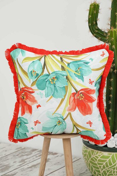 Aisha's Design غطاء وسادة منقوش بحواف مهدبة - 45x45 سم، K-407