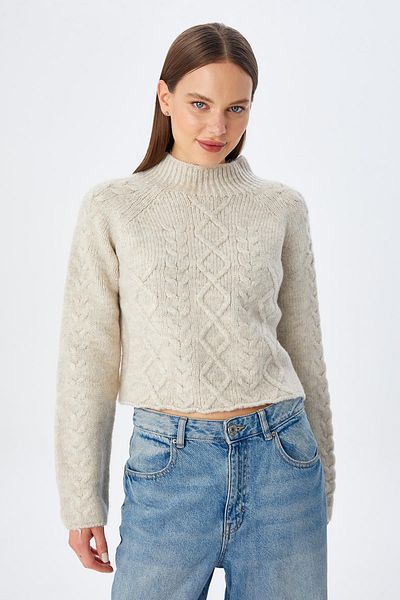 Mixray 6855 Women's Braided Stand Collar Knitwear Sweater - Stone