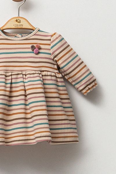 Cassiope Pompom Striped Crew Neck Long Sleeve Baby Girl Ribbed Dress