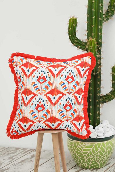 Aisha's Design Fringed Blue Orange Damask Patterned Throw Pillow Cover - 45X45 Cm,K-407