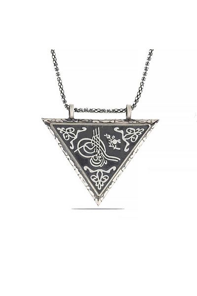 ECOME 925 Sterling Silver Triangle Openable Tuğra Amulet Silver Necklace