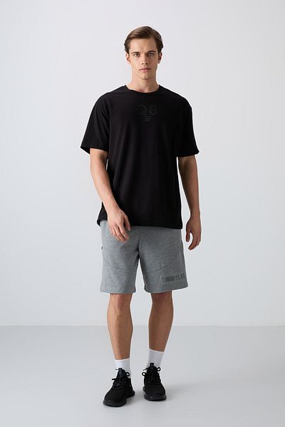 TOMMY LIFE Μαύρο βαμβακερό ανδρικό μπλουζάκι με χοντρή μαλακή υφή Oversize Fit Printed - 88333