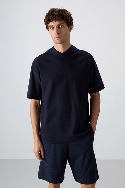 TOMMY LIFE Ανδρικό μπλουζάκι Navy Blue Cotton Thick Surface Texture Oversize Fit Basic - 88335