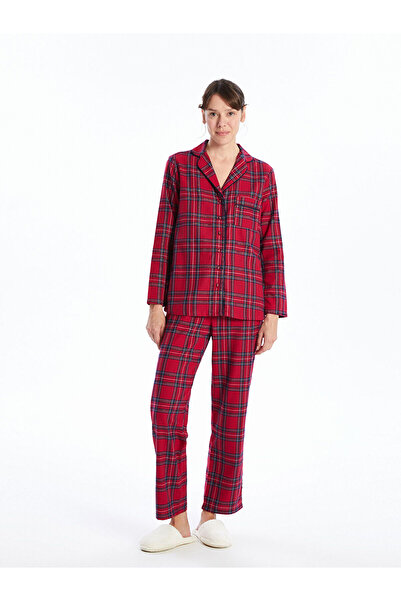 LC Waikiki Dokuma Lw - Gömlek Yaka Ekose Kadın Pijama Takımı Düz Regular Parça 2 Parça Normal Bel Gömlek Yaka
