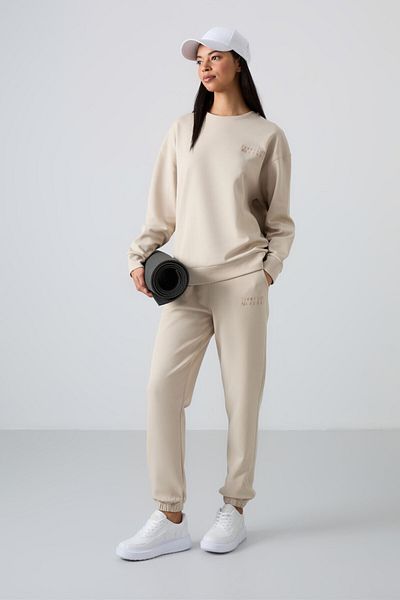 TOMMY LIFE Μπεζ Basic No Makeup Ülbü O Neck Oversize Leg Γυναικεία αθλητική φόρμα