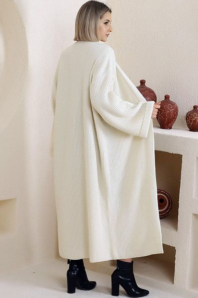 LOS FECHKA V-Neck Folded Wide Long Sleeve Self-Textured Thick Full Ankle Length Winter Comfortable Knitwear Cardigan