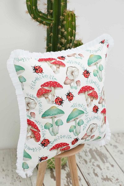 Aisha's Design Mushroom Patterned Throw Pillow Cover with Fringed Edges 45X45 Cm,K-407