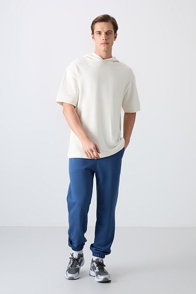 TOMMY LIFE Ecru Cotton Thick Surface Textured Oversize Fit Basic Men's T-Shirt - 88335