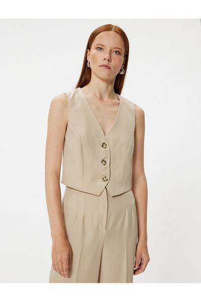 Koton V-Neck Lined Slim Fit Vest - Buttoned