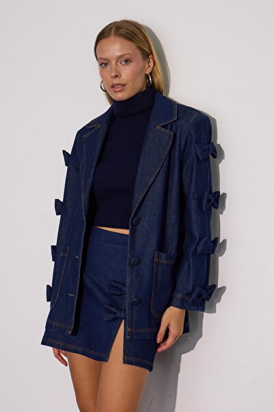 NOK İSTANBUL Chic Bow Fiyonklu Mini Denim Ceket DARK BLUE