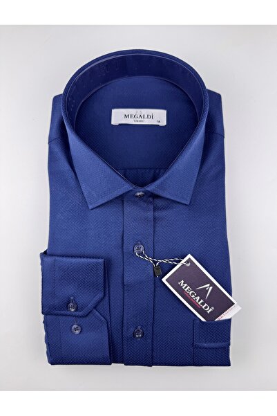MEGALDİ Erkek İndigo Klasik Kesim Uzun Kollu Balık Sırtı Gömlek