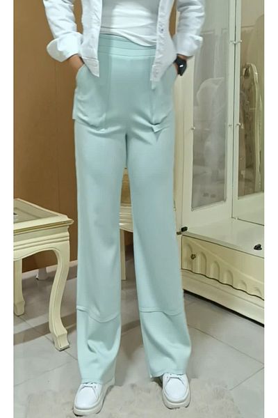 AKŞEN GİYİM Plus Size High Waist Full Licra Cupra Fabric Patch with Pockets and Parts Trend Palazzo Pant