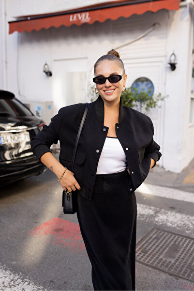 Askı Nişantaşı Black Snap Buttoned Bomber Jacket with Two Bag Pockets 115-00381