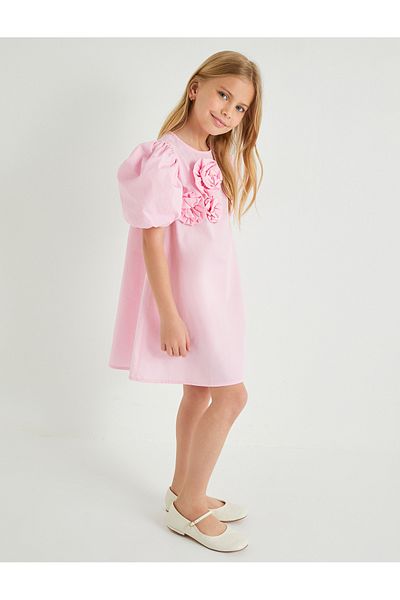 Koton Kleid mit Blumendruck, kurzen Ärmeln, Rundhalsausschnitt, Rüschendetail