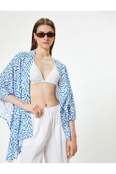 Koton Ethnic Patterned Viscous Kimono - Short, Wide Sleeve, Oversize