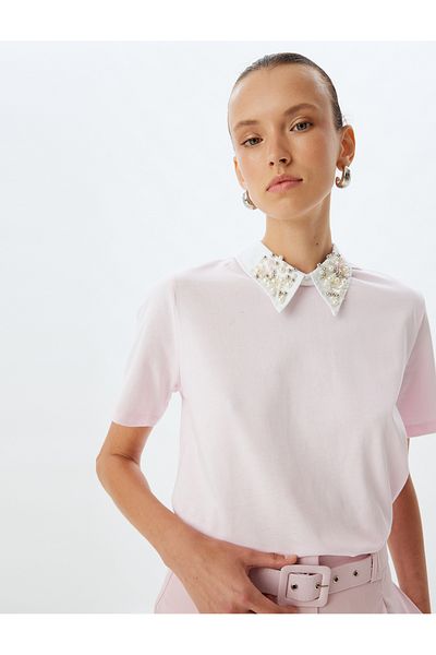 Koton Cotton Short Sleeve Stone Detailed Shirt Collar T-Shirt