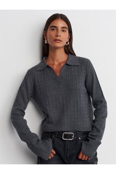 Dilvin 10638 Pulover tricotat cu păr cu gât polo