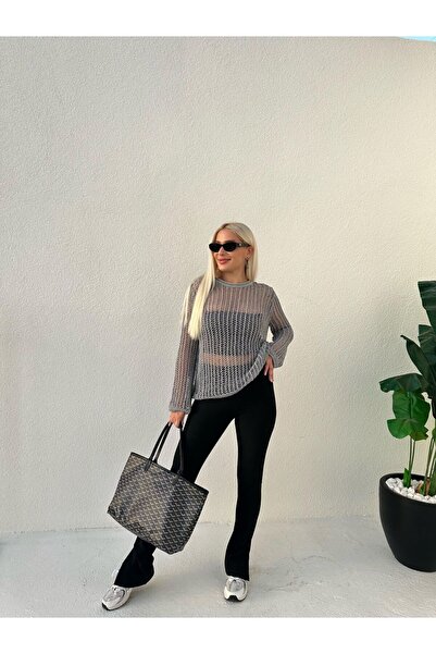 AYFER AYVAZ Gül Detaylı Triko Polo Yaka Transparan El İşi Bej Rengi Kadın Bluz