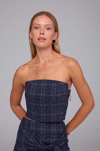 NOK İSTANBUL Super Crystal Plaid Ekoseli Crop Büstiyer İNDİGO