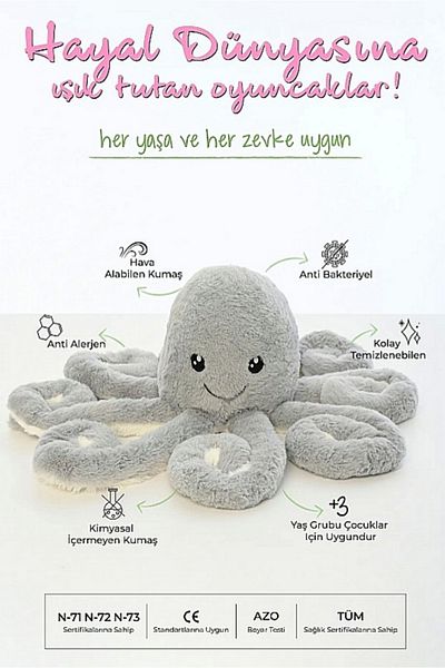 Şeker Adası Gray Plush Octopus - Sleep and Playmate