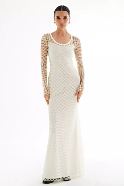 Keikei Beyaz file uzun kol uzun elbise