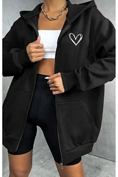 Gutsy Cardigan negru din bumbac pieptănat cu imprimeu mini inimă