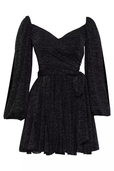 Keikei Siyah örme uzun kol kısa elbise