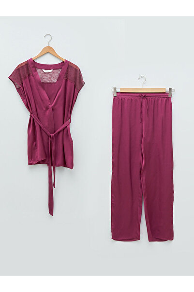 LC Waikiki Lcw V-neck krajka s krátkým rukávem saténové dámské pyžamo sada