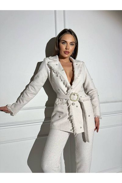 1Moda1Tarz Women's White Imported Glitter Tweed Fabric Lined Belted Tassel Detail Bead Accessory Design Set