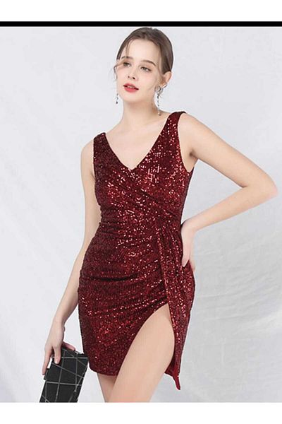 MODAS V-Neck Slit Mini Dress