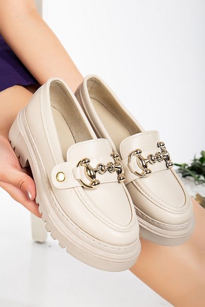 moun shoes Дамски мокасини с дебела подметка, бежови, с катарама (обикновена катарама с подарък)