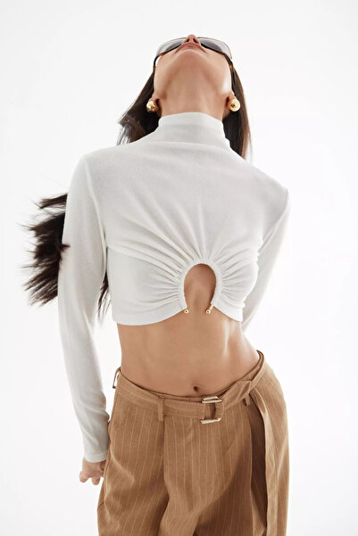 Keikei Beyaz triko uzun kol kısa bluz