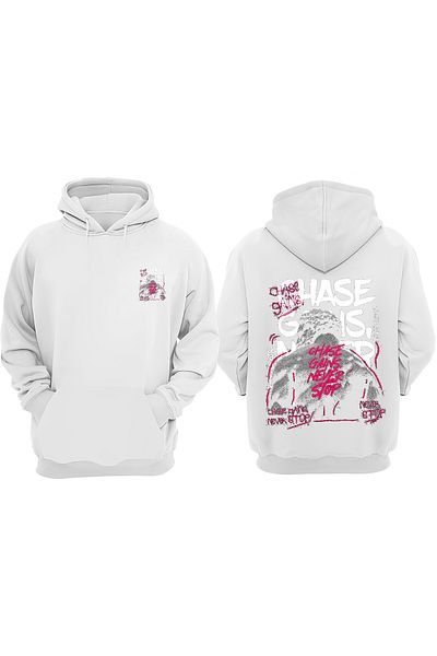 THEWERT Unisex Chase Gans Never Stop Design Μπροστινό πίσω Τυπωμένο κανονικό λευκό φούτερ