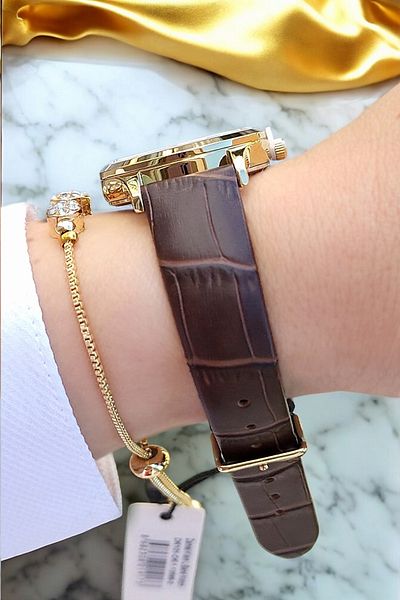 Daniel Klein Women's Brown Leather Strap Calendar Wristwatch, Jewelled Bracelet