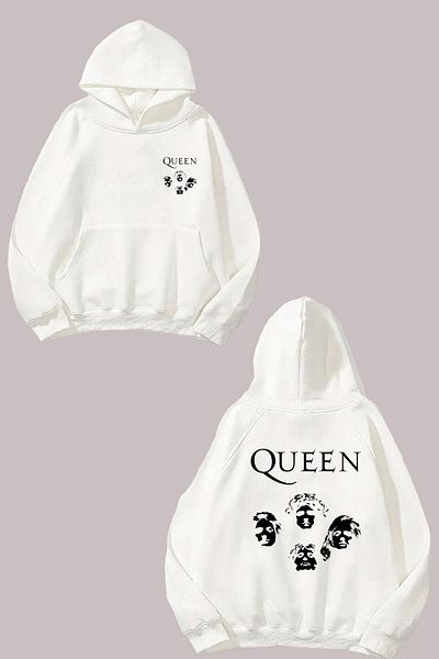 THEWERT Unisex Queen Faces Σχέδιο Μπροστινό Πίσω Τυπωμένο κανονικό λευκό φούτερ
