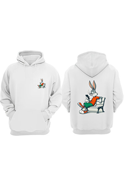 THEWERT Унісекс сидячий Багз Банні дизайн з принтом спереду і ззаду, звичайний крій, білий світшот