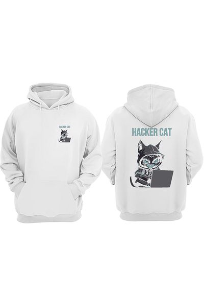 THEWERT Λευκό φούτερ Unisex A Hacker Cat με τυπωμένο μπροστινό πίσω μέρος με κανονική εφαρμογή