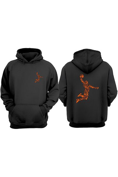 THEWERT Hanorac negru unisex cu design portocaliu de baschet, imprimat în față și în spate