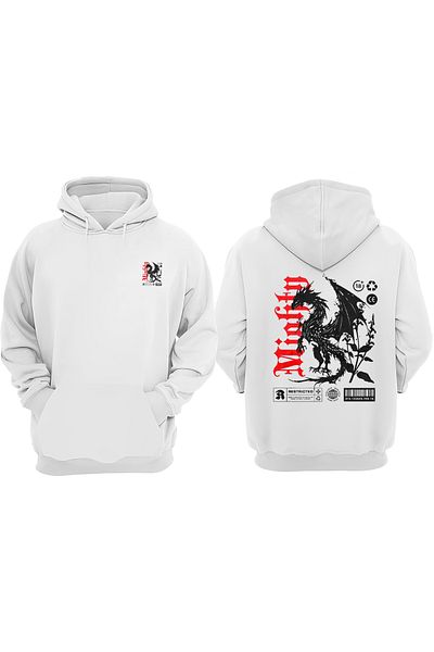 THEWERT Λευκό φούτερ με τυπωμένο κανονικό σχέδιο Unisex Mighty Dragon μπροστά και πίσω